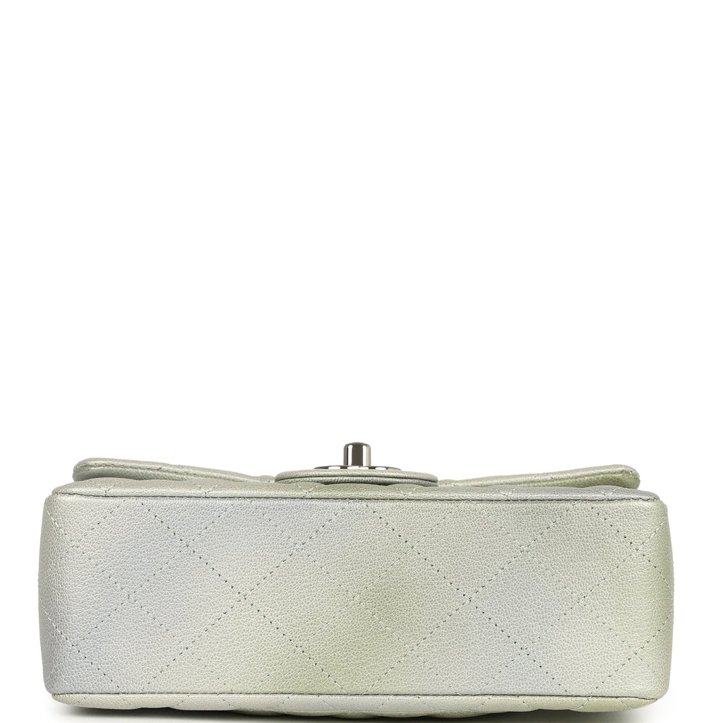 Mini Classic Rectangular Flap Bag Grey and Green Ombre Iridescent Goatskin Silver Hardware