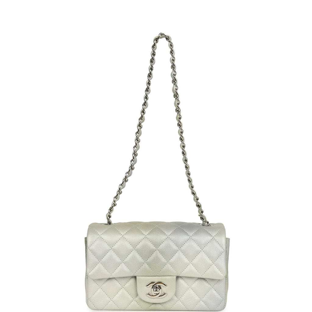 Mini Classic Rectangular Flap Bag Grey and Green Ombre Iridescent Goatskin Silver Hardware