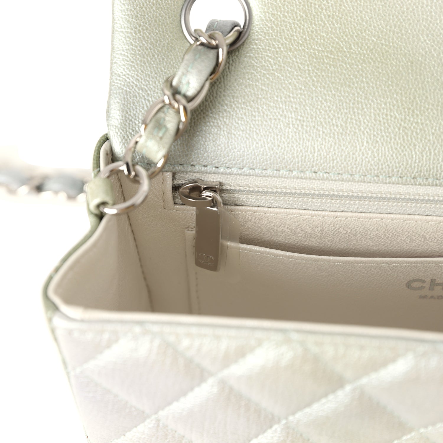 Mini Classic Rectangular Flap Bag Grey and Green Ombre Iridescent Goatskin Silver Hardware