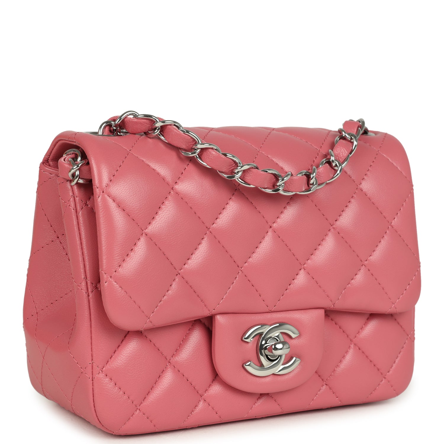 Mini Classic Square Flap Bag Pink Lambskin Silver Hardware