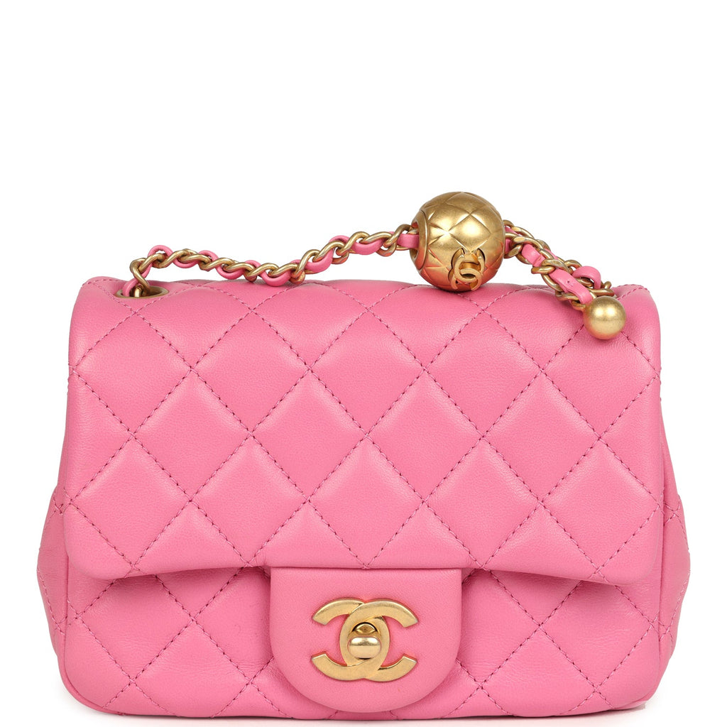 Mini Pearl Crush Square Flap Bag Pink Lambskin Brushed Gold Hardware
