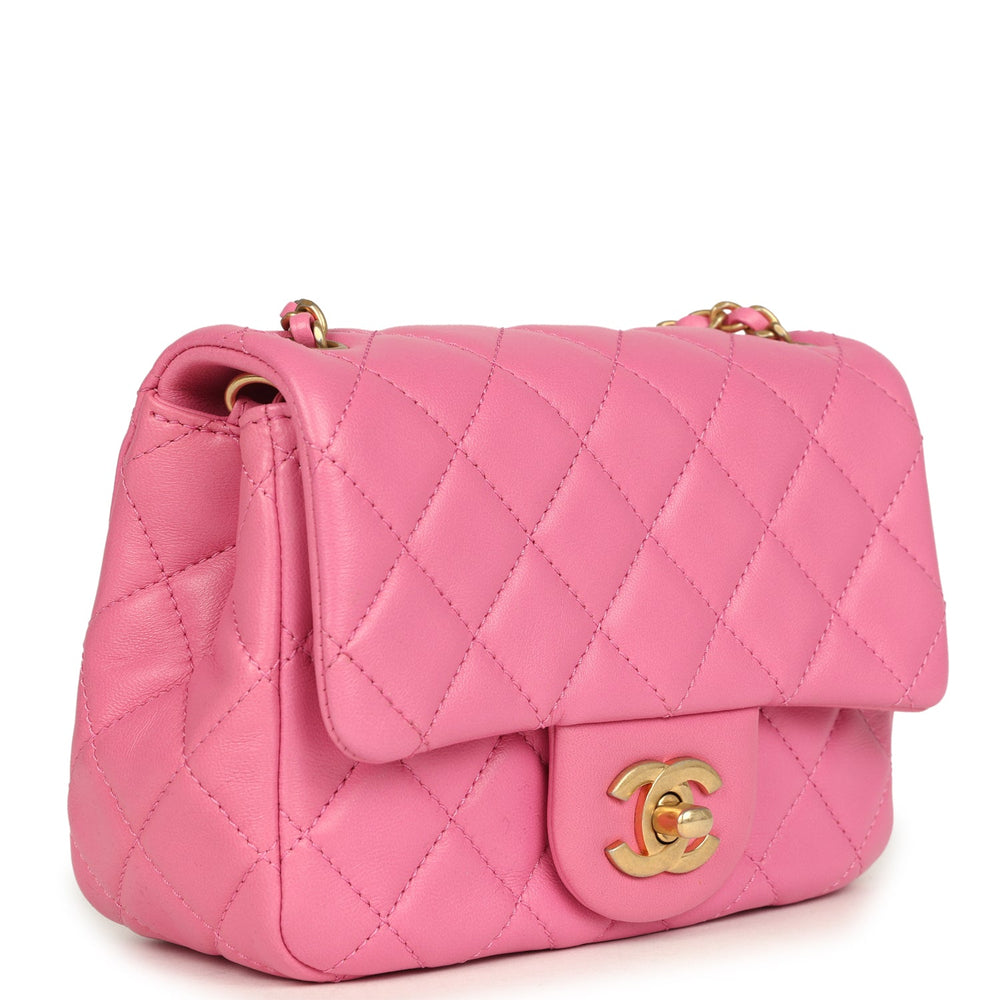 Mini Pearl Crush Square Flap Bag Pink Lambskin Brushed Gold Hardware