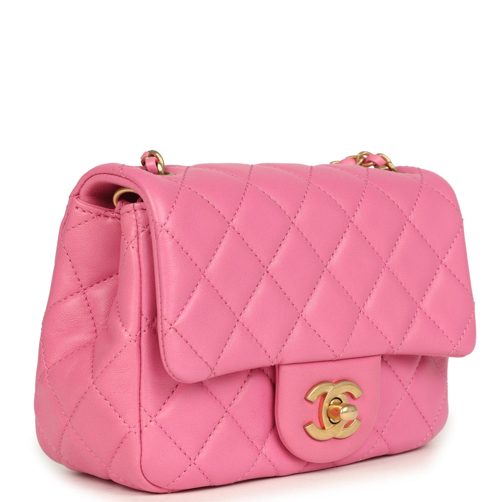 Mini Pearl Crush Square Flap Bag Pink Lambskin Brushed Gold Hardware