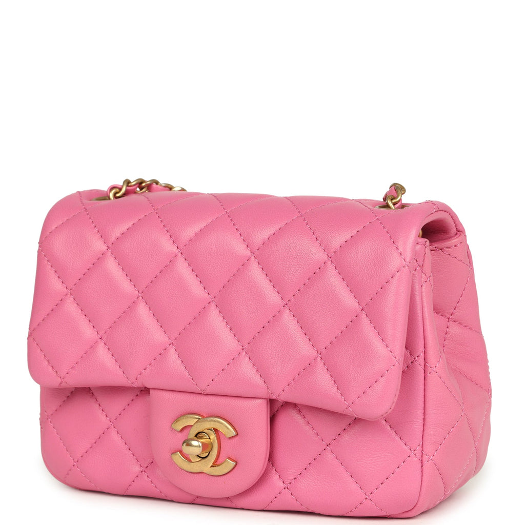 Mini Pearl Crush Square Flap Bag Pink Lambskin Brushed Gold Hardware