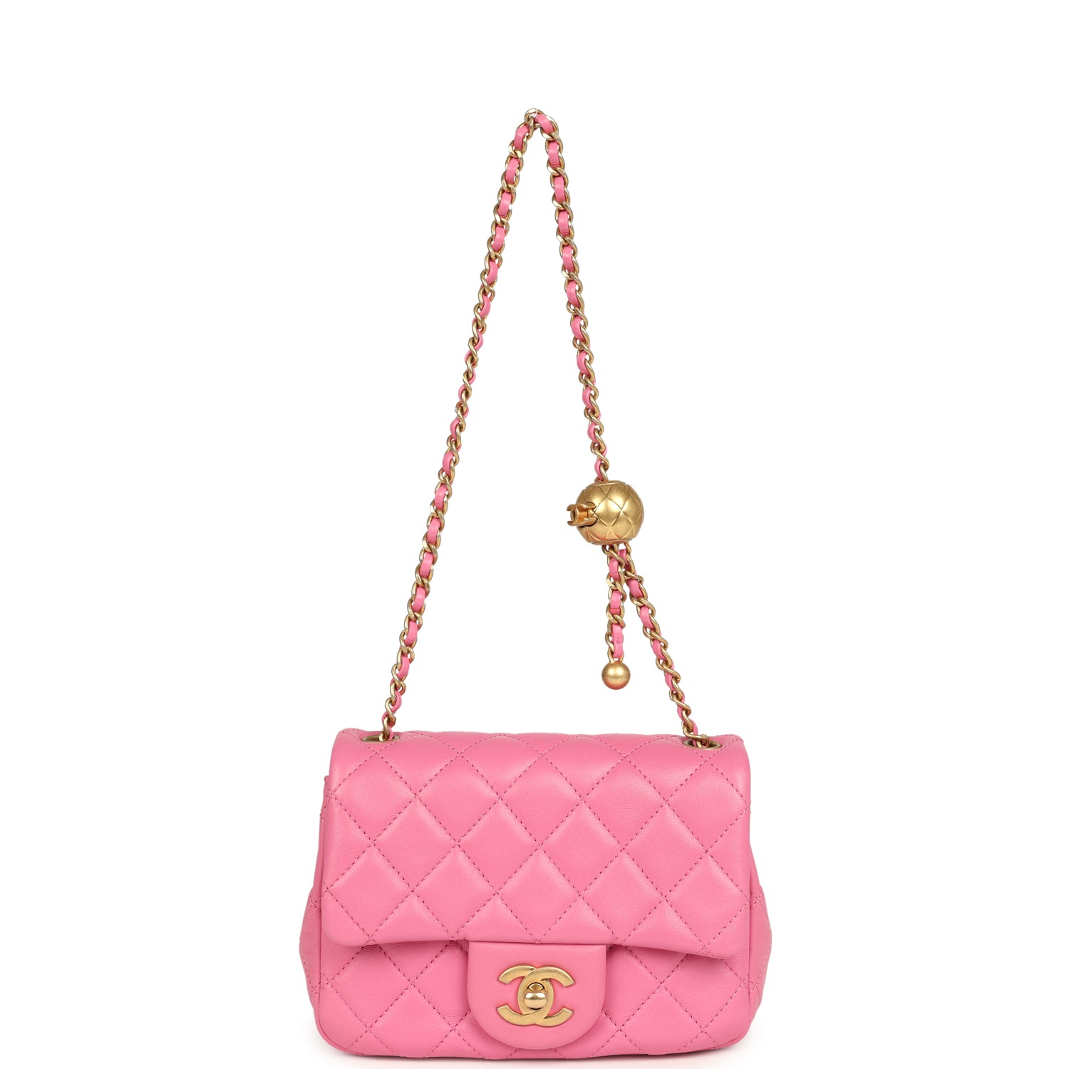 Mini Pearl Crush Square Flap Bag Pink Lambskin Brushed Gold Hardware