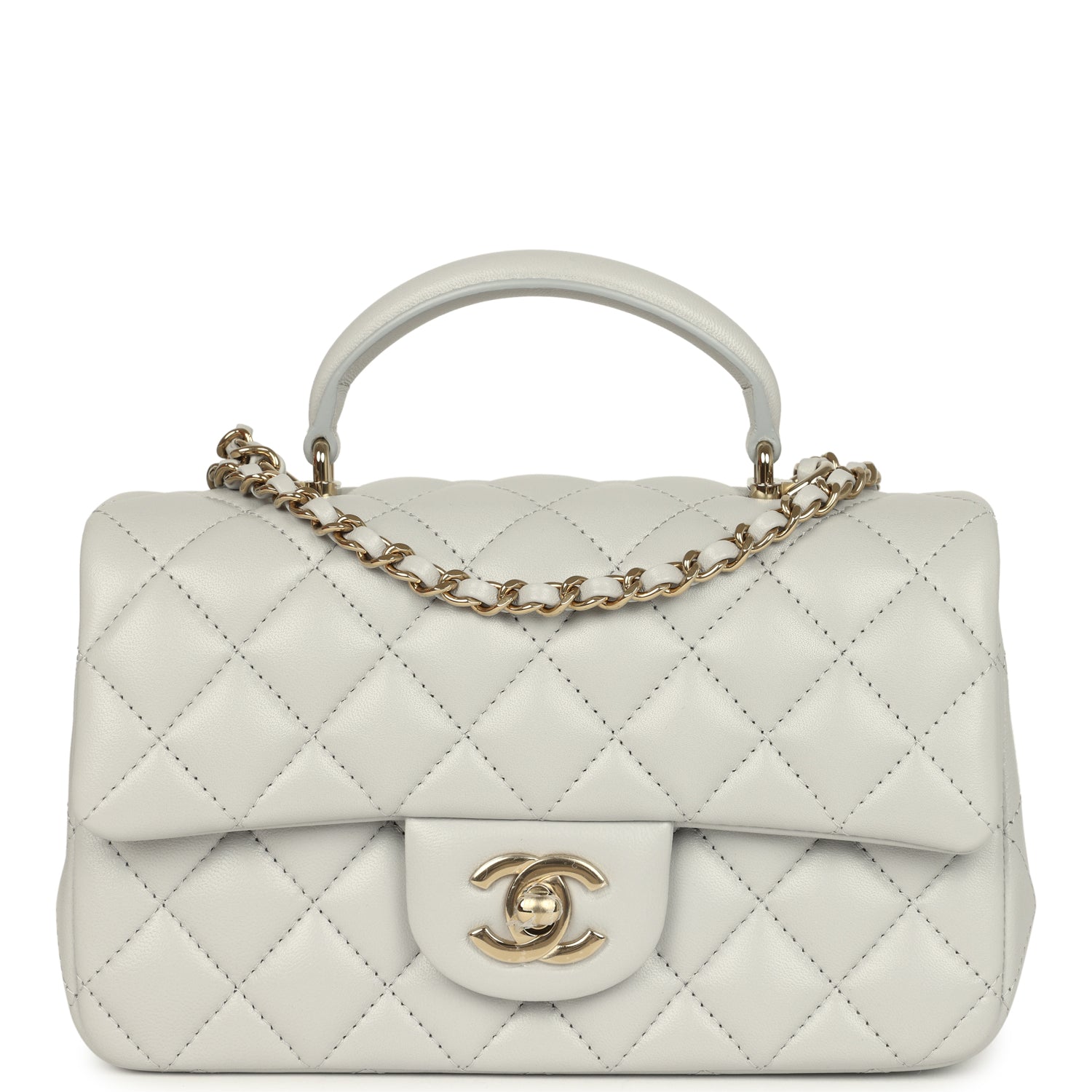 Mini Rectangular Flap Bag with Top Handle Light Grey Lambskin Light Gold Hardware