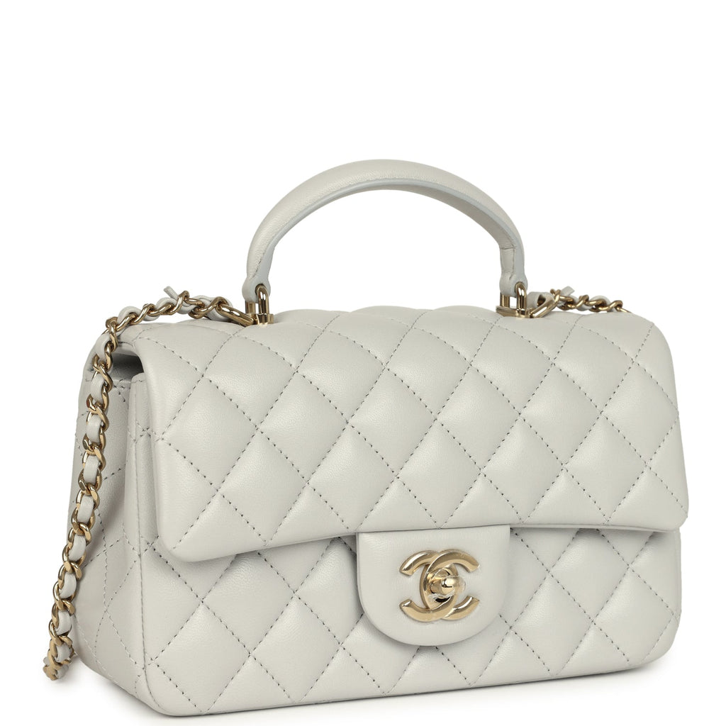 Mini Rectangular Flap Bag with Top Handle Light Grey Lambskin Light Gold Hardware