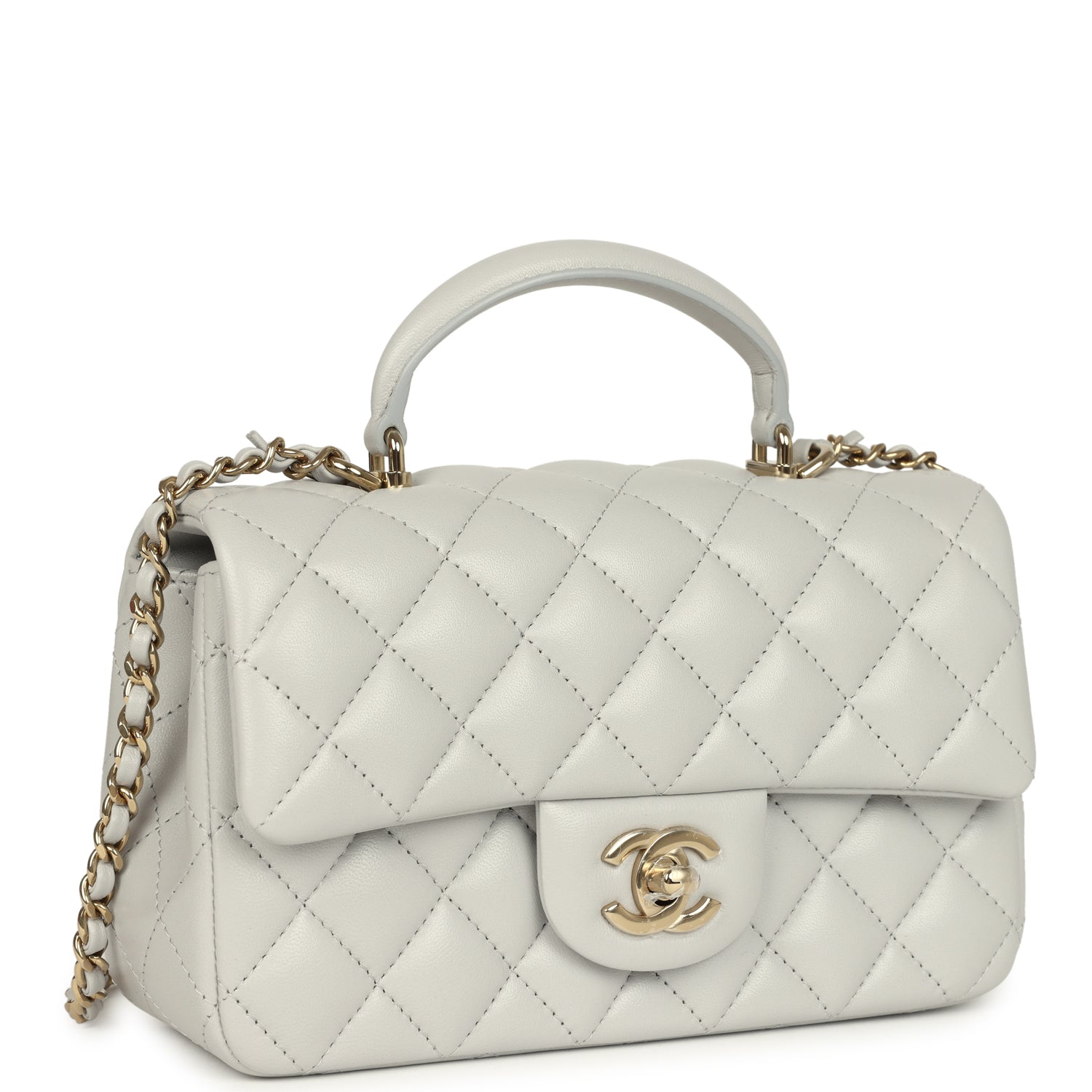 Mini Rectangular Flap Bag with Top Handle Light Grey Lambskin Light Gold Hardware