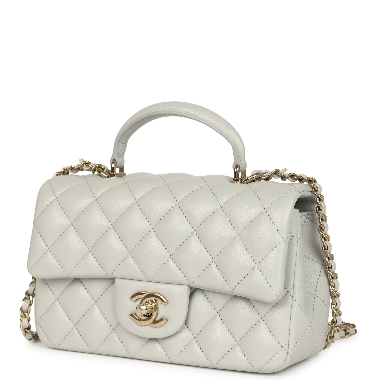 Mini Rectangular Flap Bag with Top Handle Light Grey Lambskin Light Gold Hardware