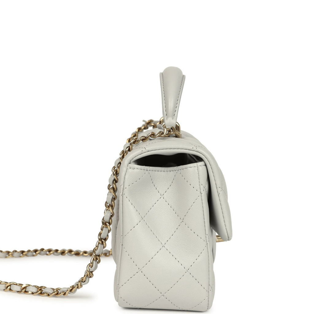 Mini Rectangular Flap Bag with Top Handle Light Grey Lambskin Light Gold Hardware