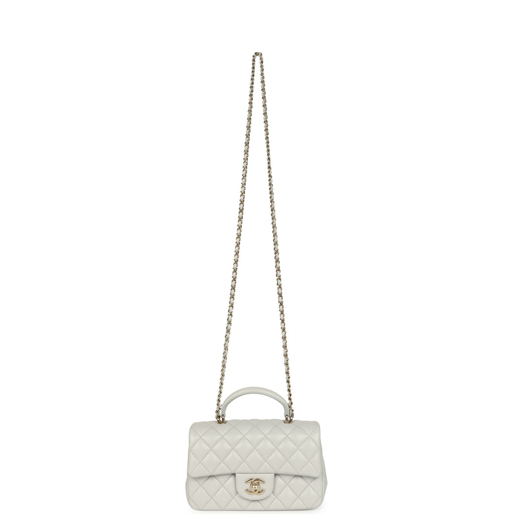 Mini Rectangular Flap Bag with Top Handle Light Grey Lambskin Light Gold Hardware