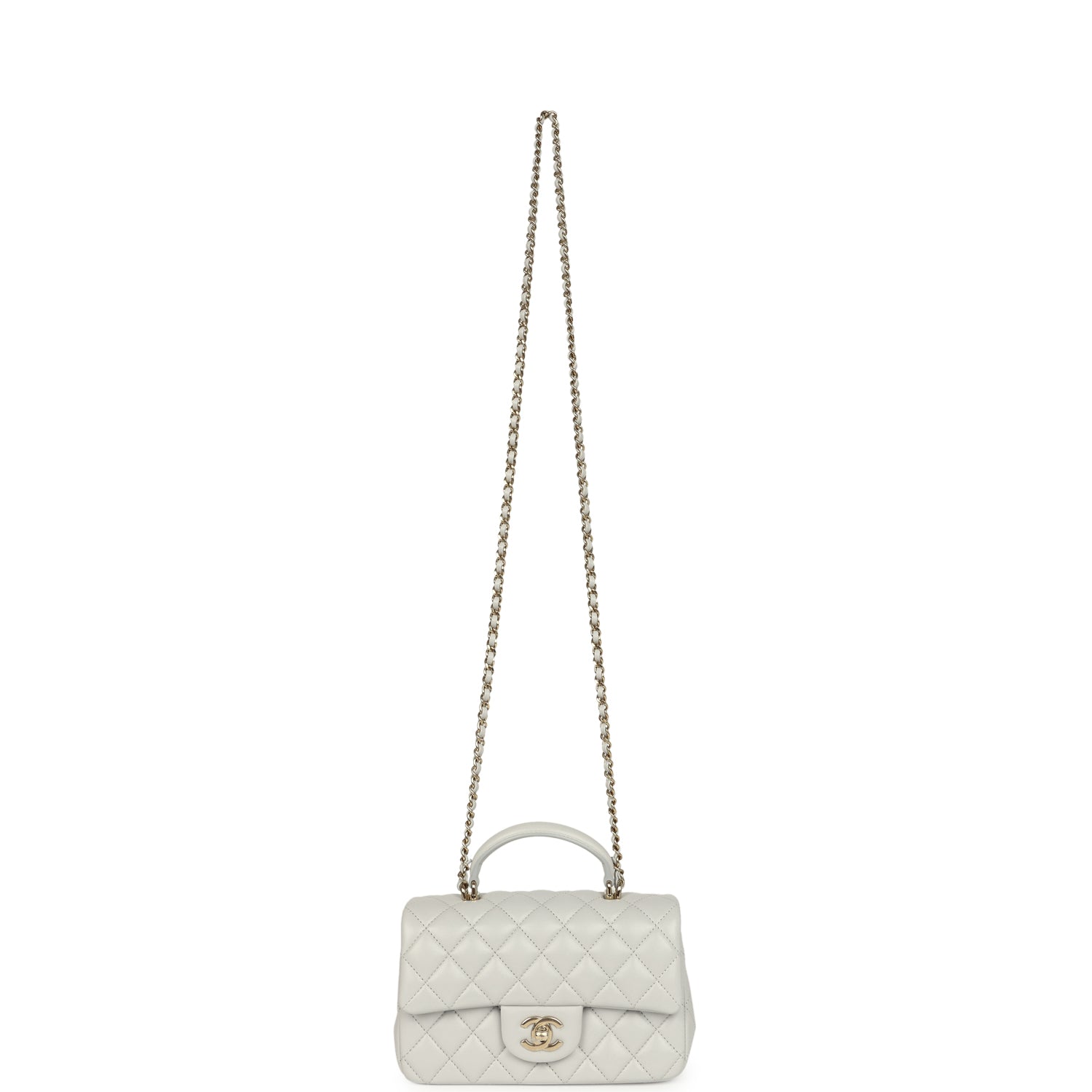 Mini Rectangular Flap Bag with Top Handle Light Grey Lambskin Light Gold Hardware