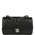 Mini Chevron Classic Rectangular Flap Bag Black Lambskin Light Gold Hardware