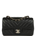 Mini Chevron Classic Rectangular Flap Bag Black Lambskin Light Gold Hardware