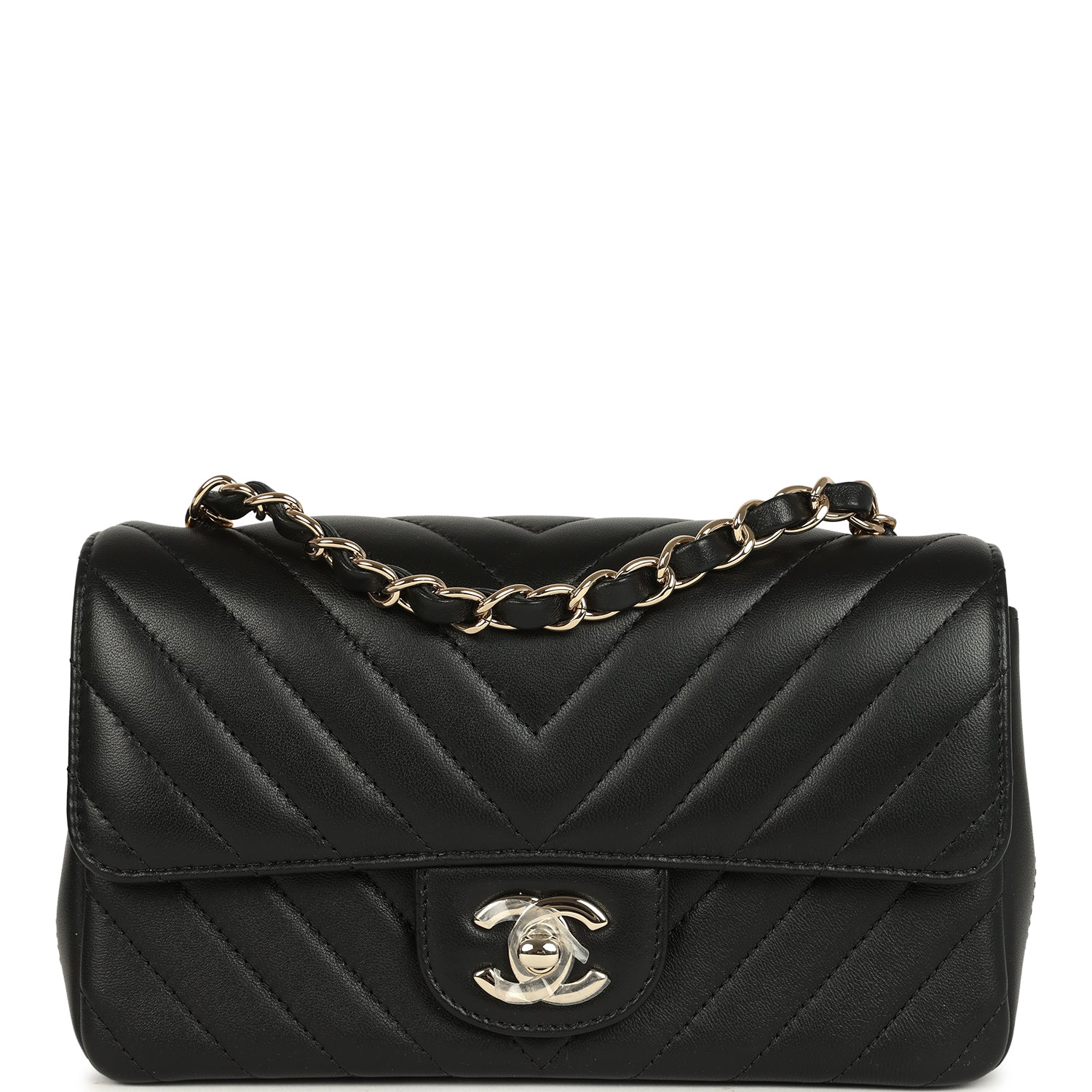 Mini Chevron Classic Rectangular Flap Bag Black Lambskin Light Gold Hardware