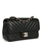 Mini Chevron Classic Rectangular Flap Bag Black Lambskin Light Gold Hardware