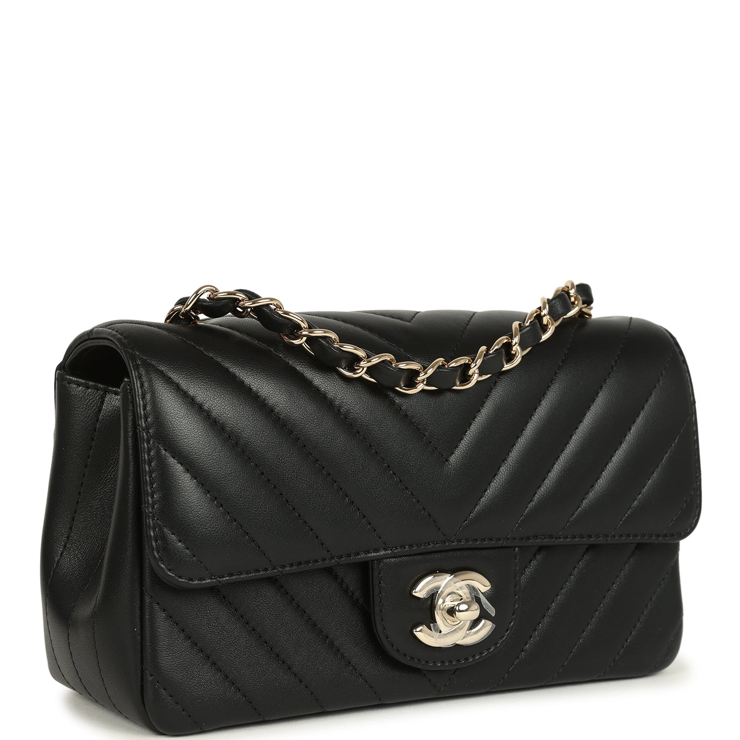 Mini Chevron Classic Rectangular Flap Bag Black Lambskin Light Gold Hardware
