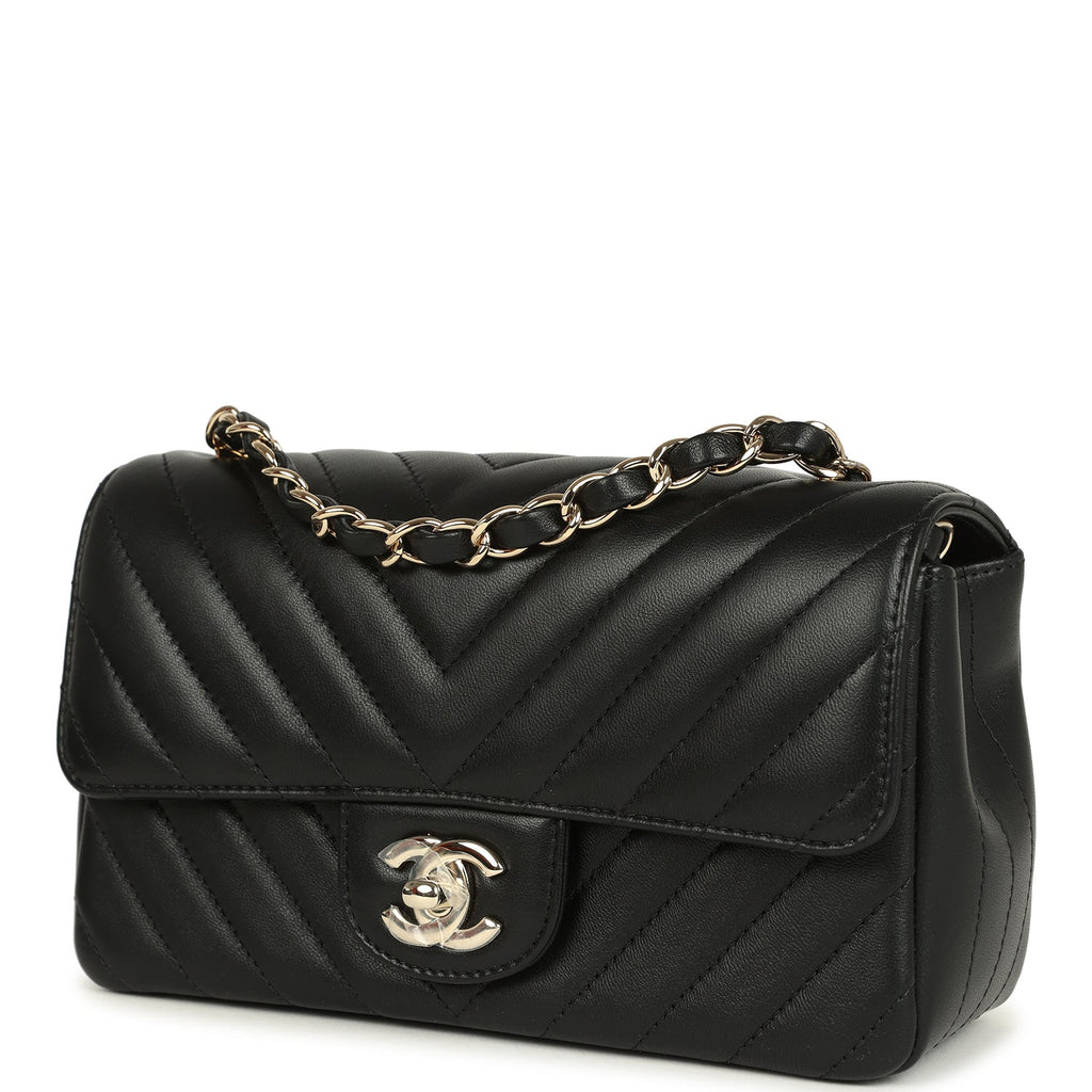 Mini Chevron Classic Rectangular Flap Bag Black Lambskin Light Gold Hardware