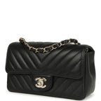 Mini Chevron Classic Rectangular Flap Bag Black Lambskin Light Gold Hardware