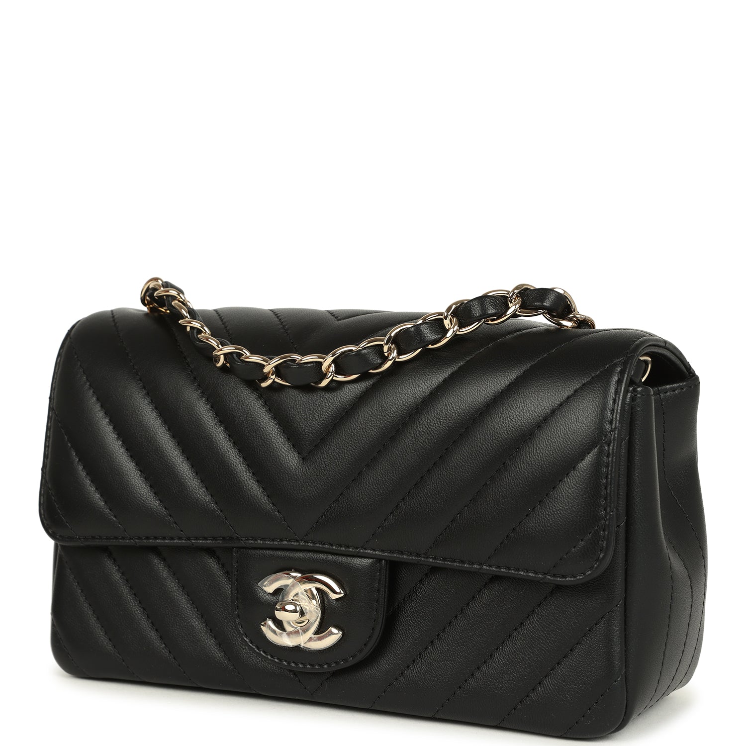 Mini Chevron Classic Rectangular Flap Bag Black Lambskin Light Gold Hardware