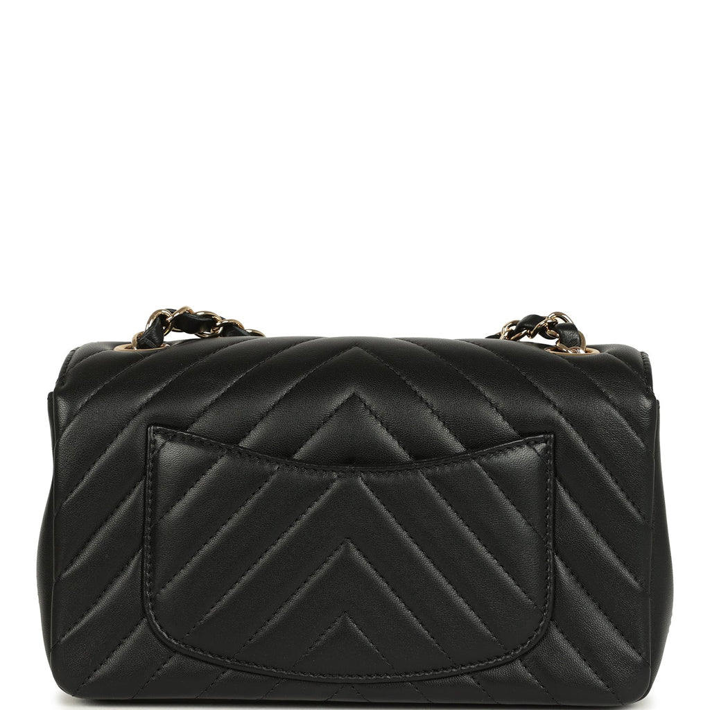 Mini Chevron Classic Rectangular Flap Bag Black Lambskin Light Gold Hardware
