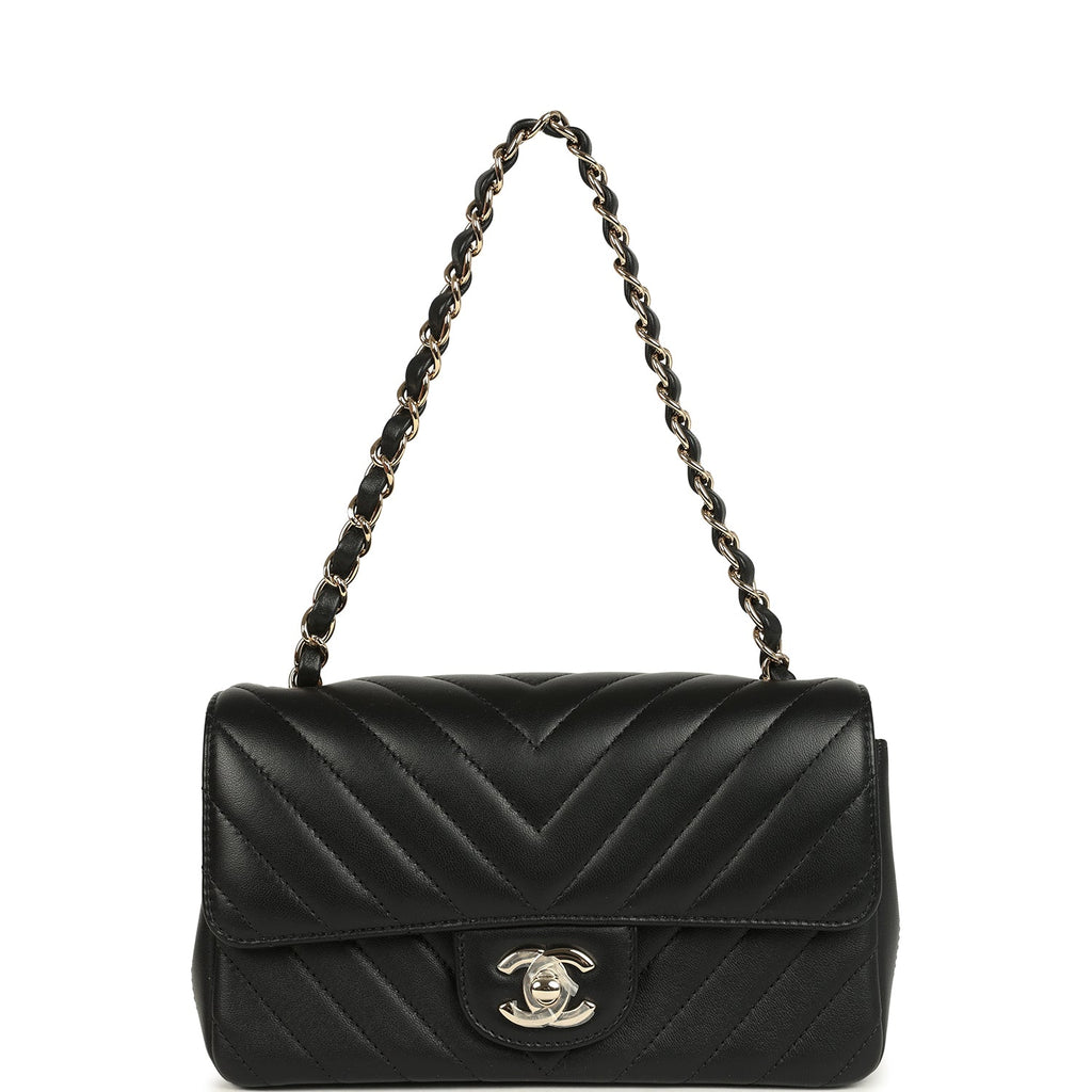 Mini Chevron Classic Rectangular Flap Bag Black Lambskin Light Gold Hardware