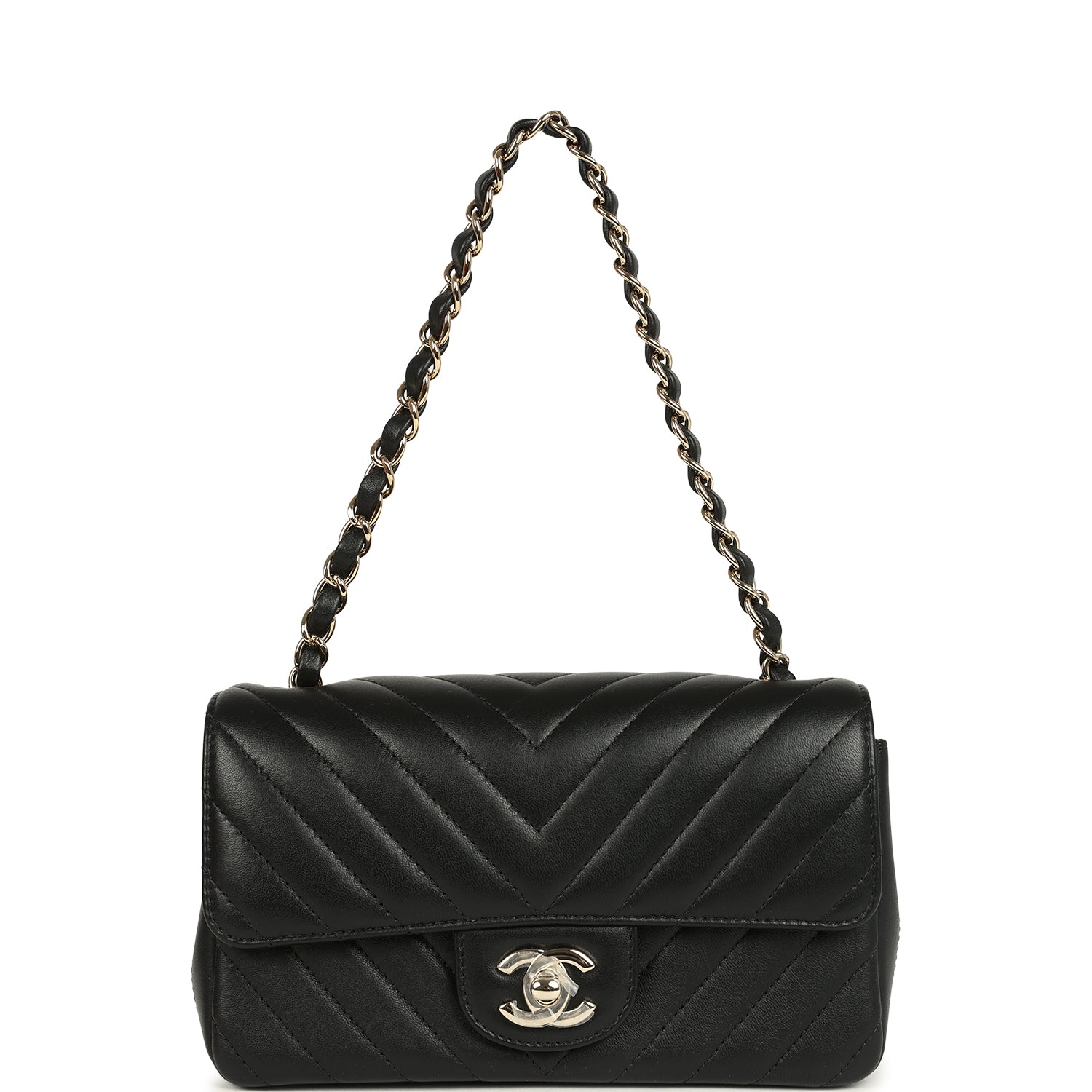 Mini Chevron Classic Rectangular Flap Bag Black Lambskin Light Gold Hardware