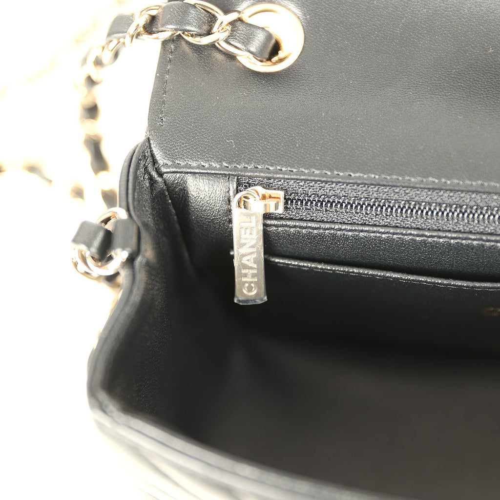Mini Chevron Classic Rectangular Flap Bag Black Lambskin Light Gold Hardware