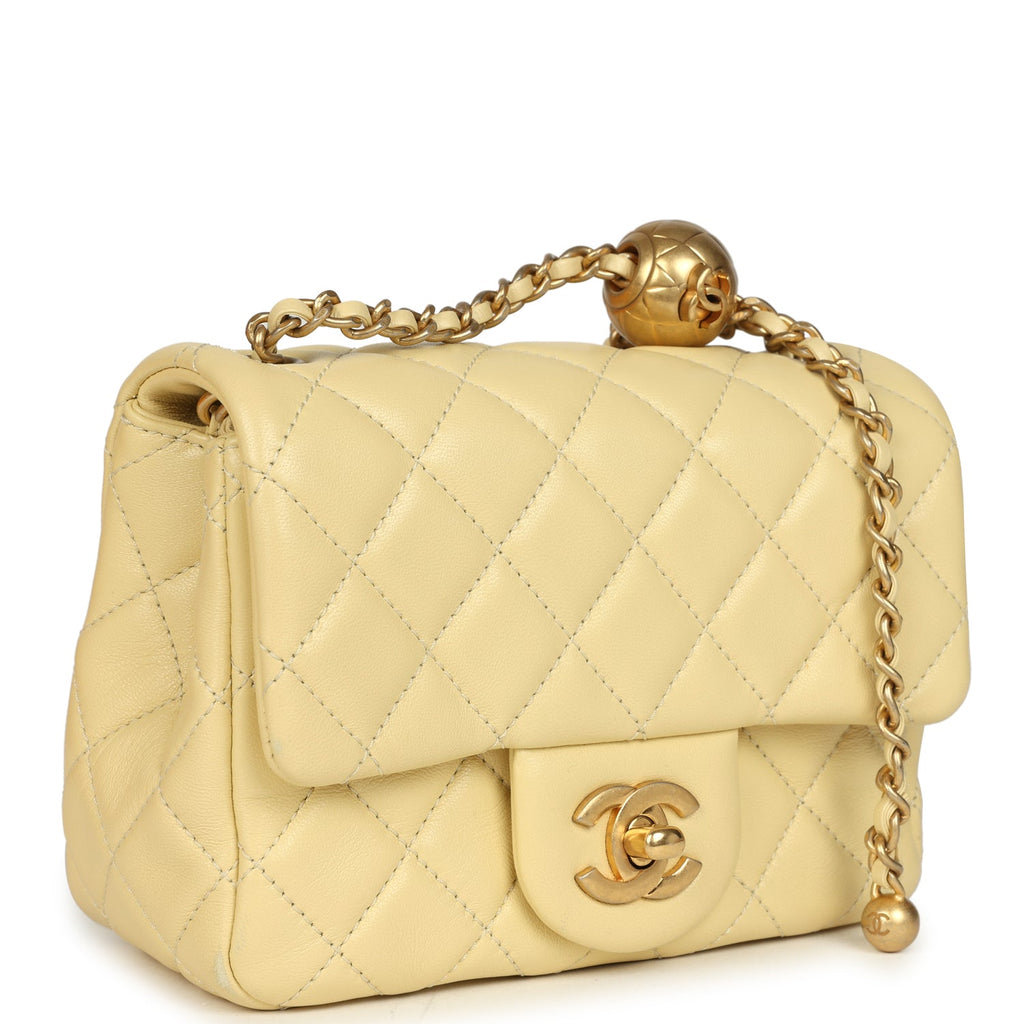 Mini Pearl Crush Square Flap Bag Yellow Lambskin Brushed Gold Hardware