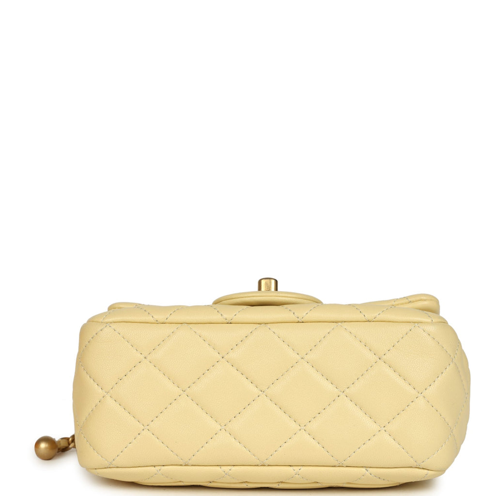 Mini Pearl Crush Square Flap Bag Yellow Lambskin Brushed Gold Hardware