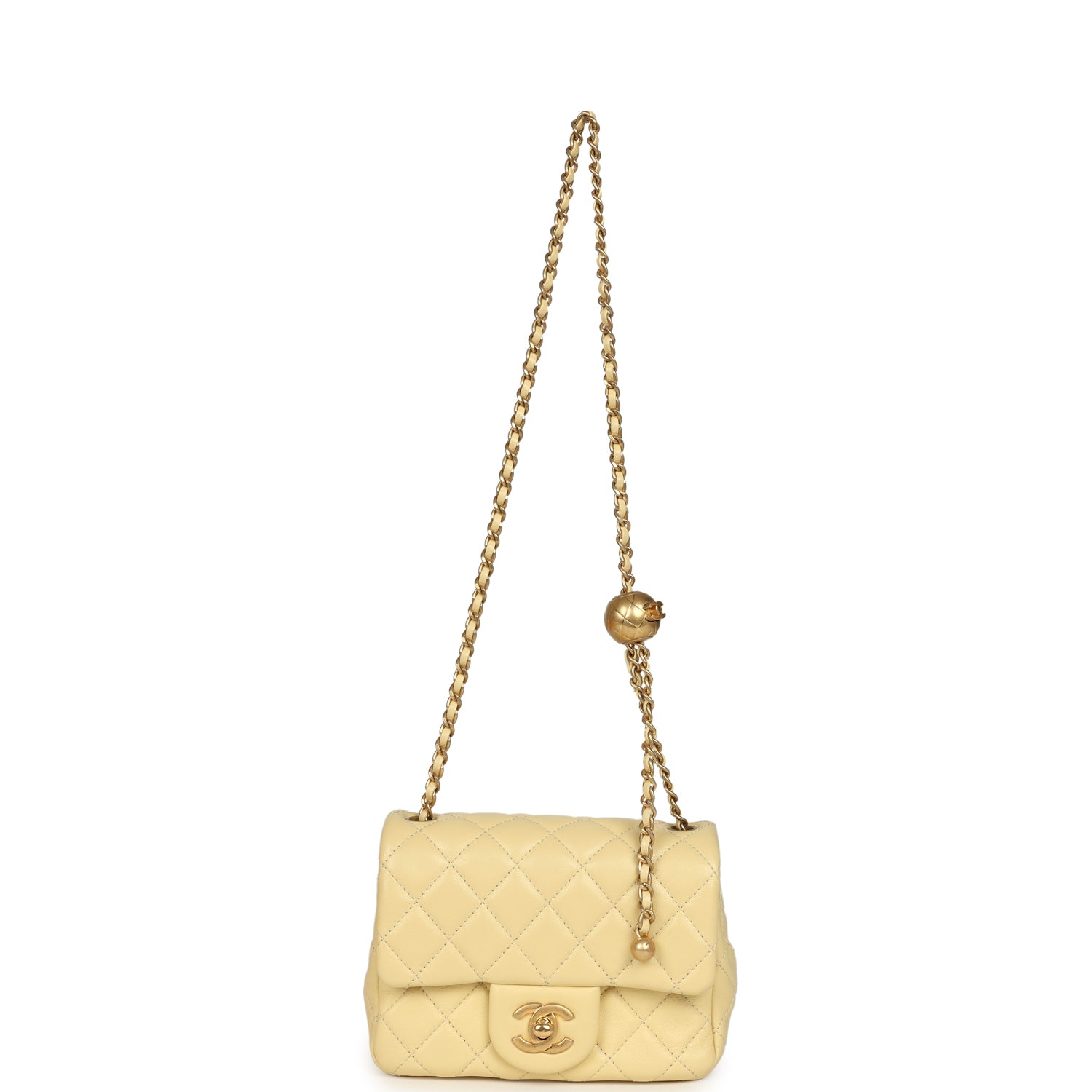 Pre-owned Chanel Mini Pearl Crush Square Flap Bag Yellow Lambskin Brushed Gold Hardware