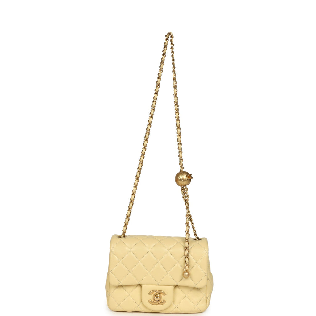 Mini Pearl Crush Square Flap Bag Yellow Lambskin Brushed Gold Hardware