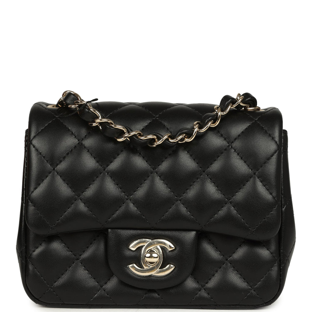 Mini Classic Square Flap Bag Black Lambskin Light Gold Hardware
