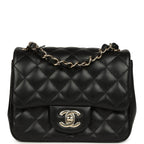 Mini Classic Square Flap Bag Black Lambskin Light Gold Hardware