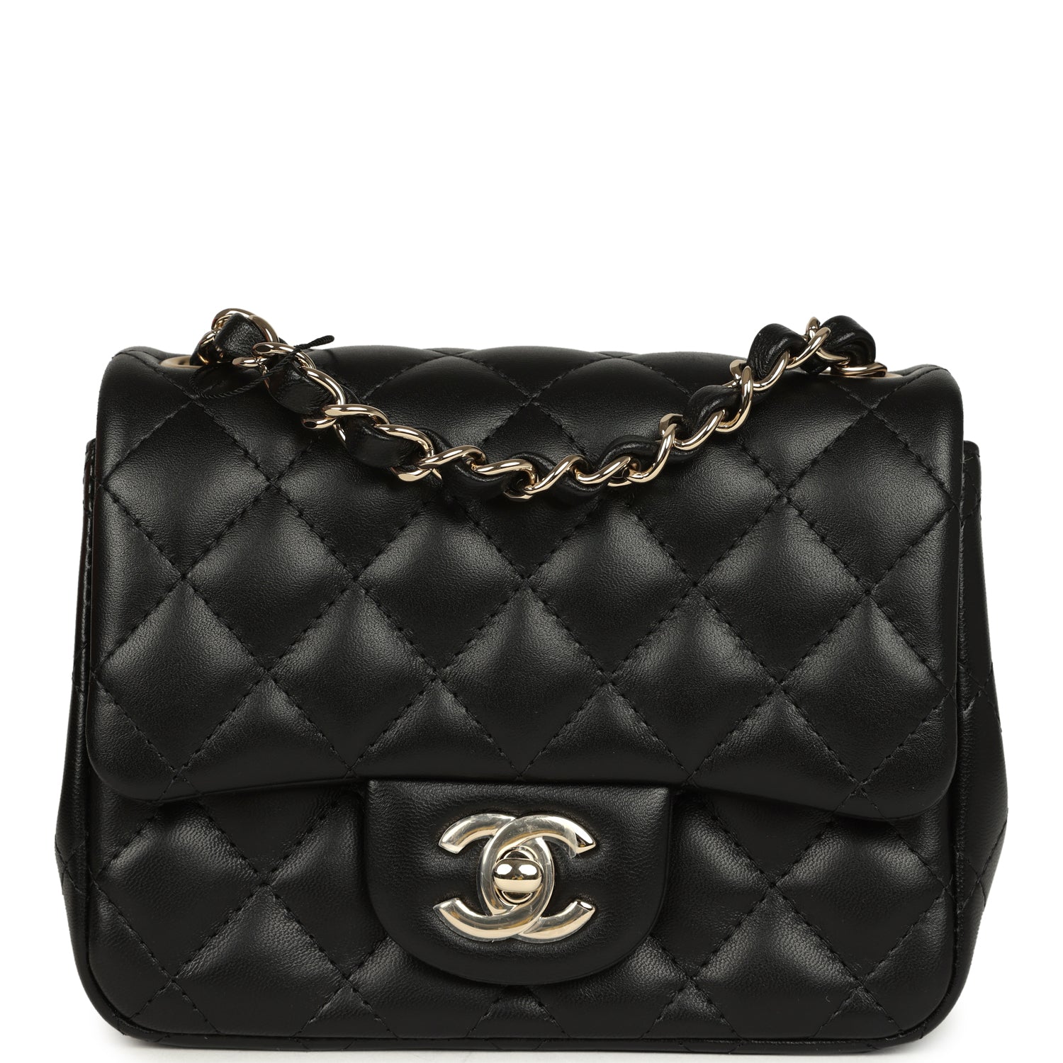 Mini Classic Square Flap Bag Black Lambskin Light Gold Hardware