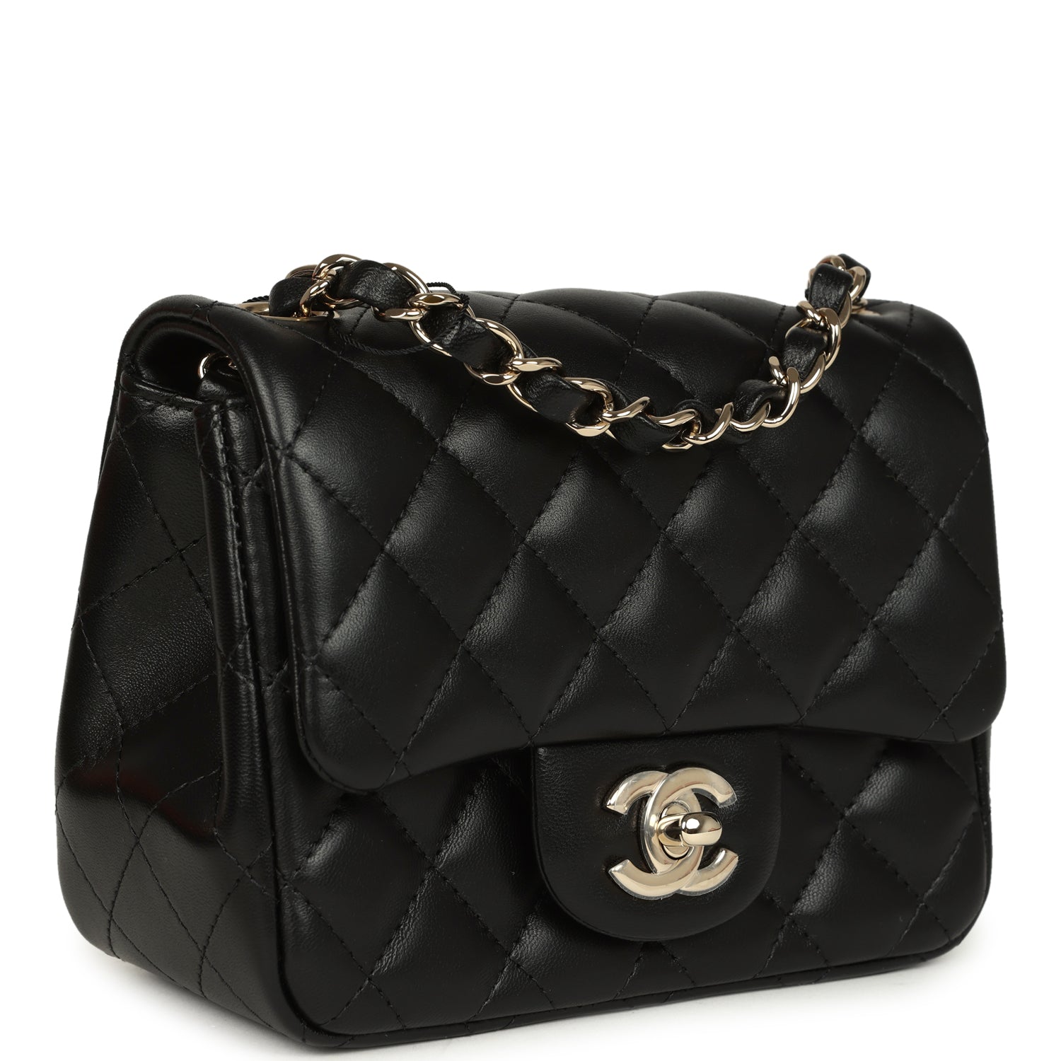Mini Classic Square Flap Bag Black Lambskin Light Gold Hardware