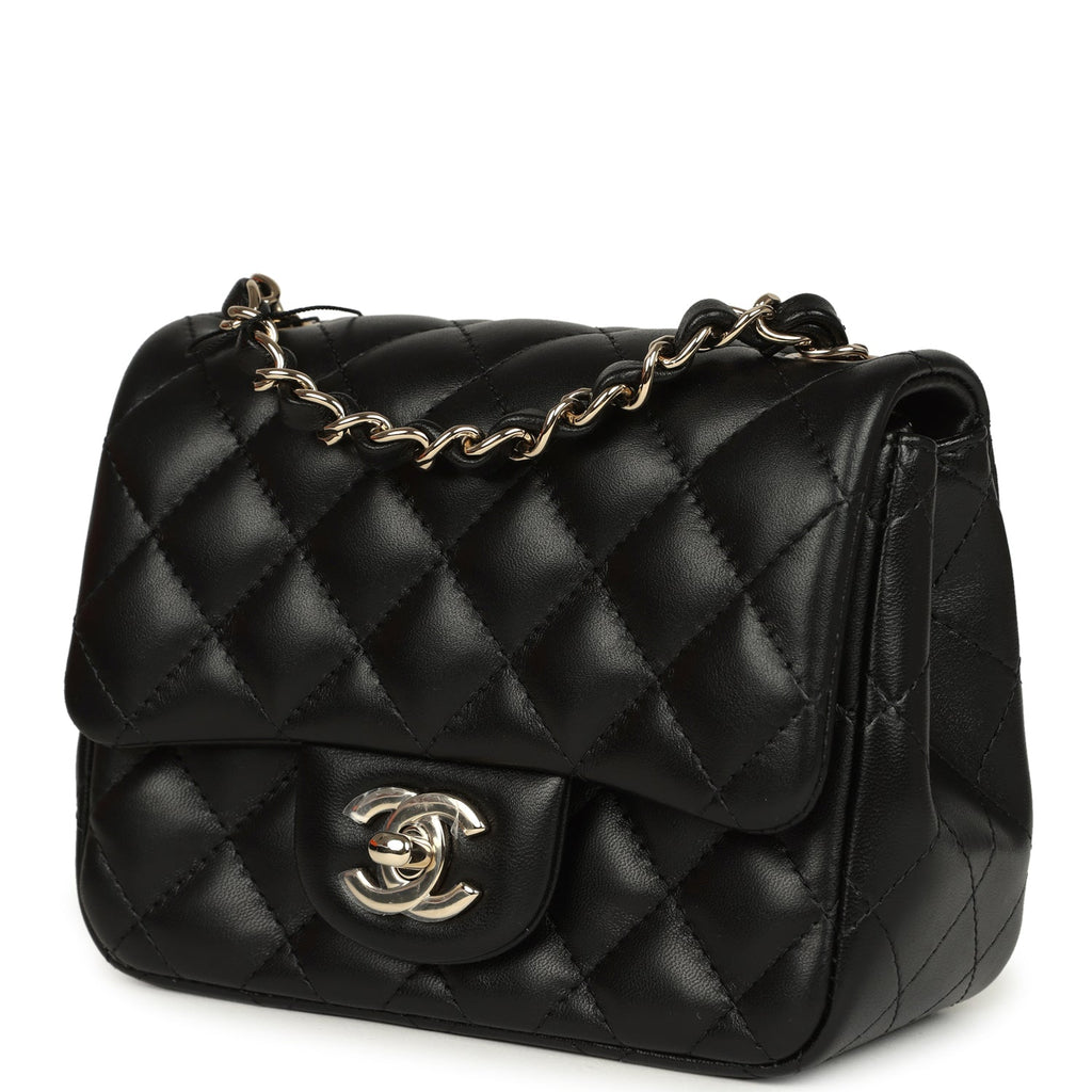 Mini Classic Square Flap Bag Black Lambskin Light Gold Hardware