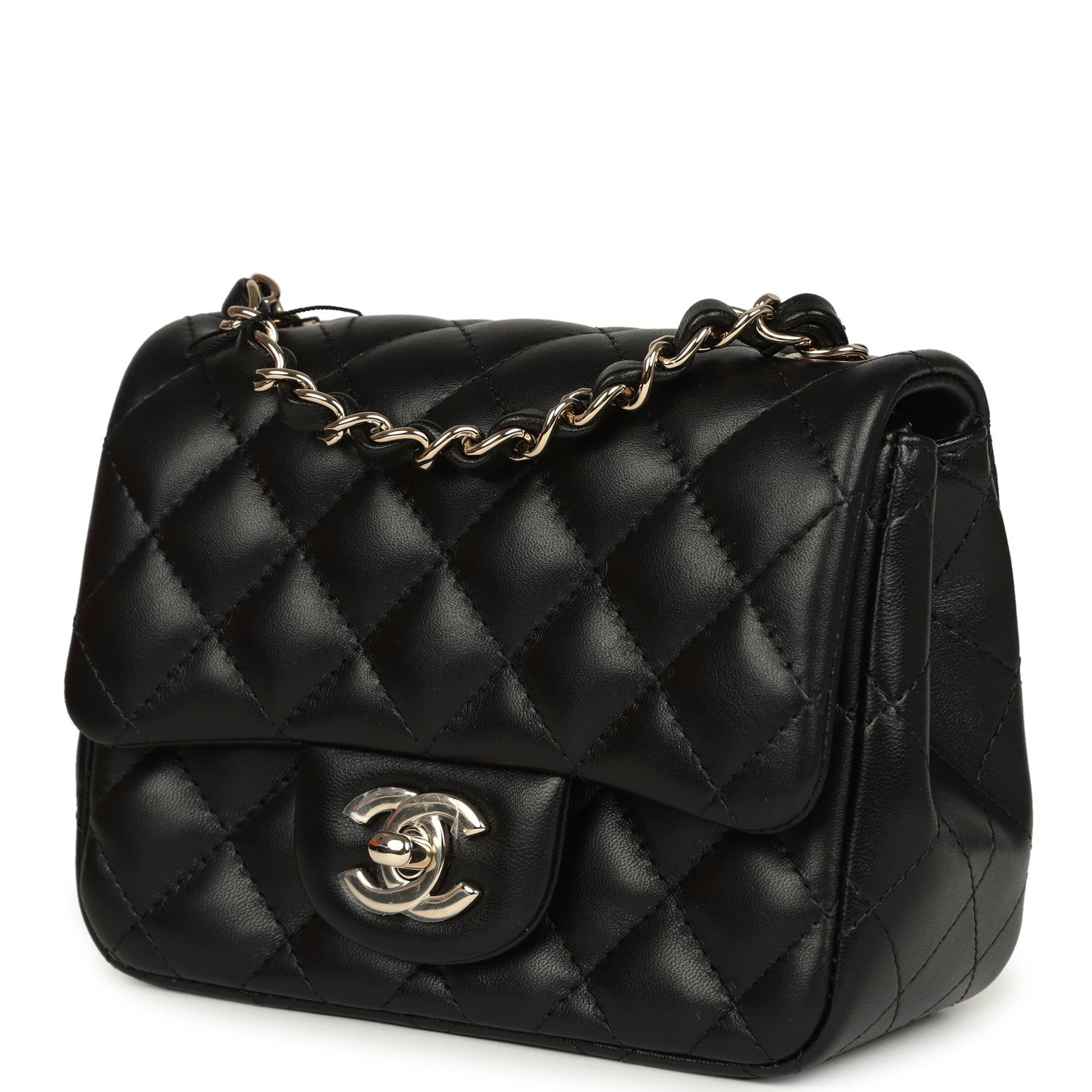 Mini Classic Square Flap Bag Black Lambskin Light Gold Hardware