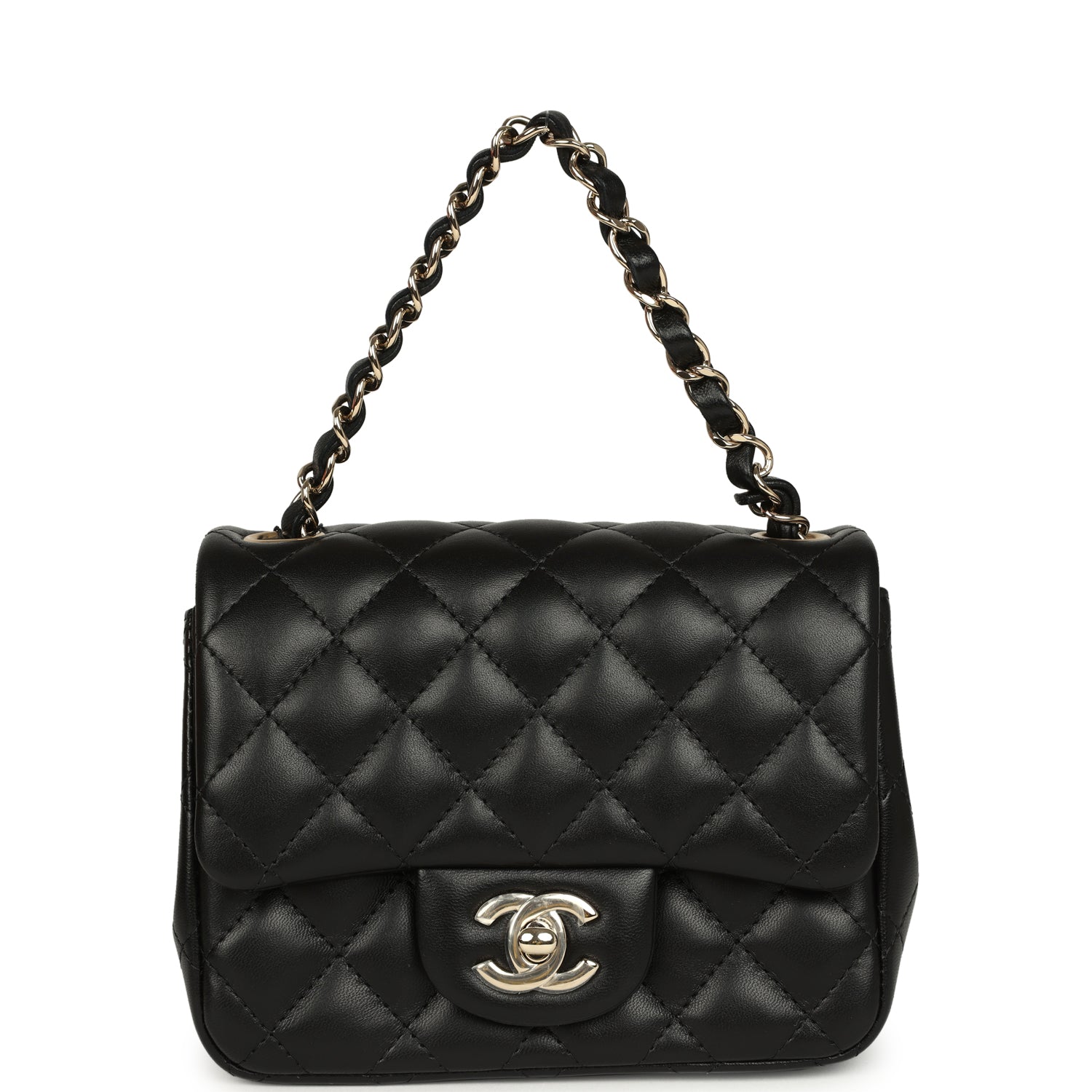 Mini Classic Square Flap Bag Black Lambskin Light Gold Hardware