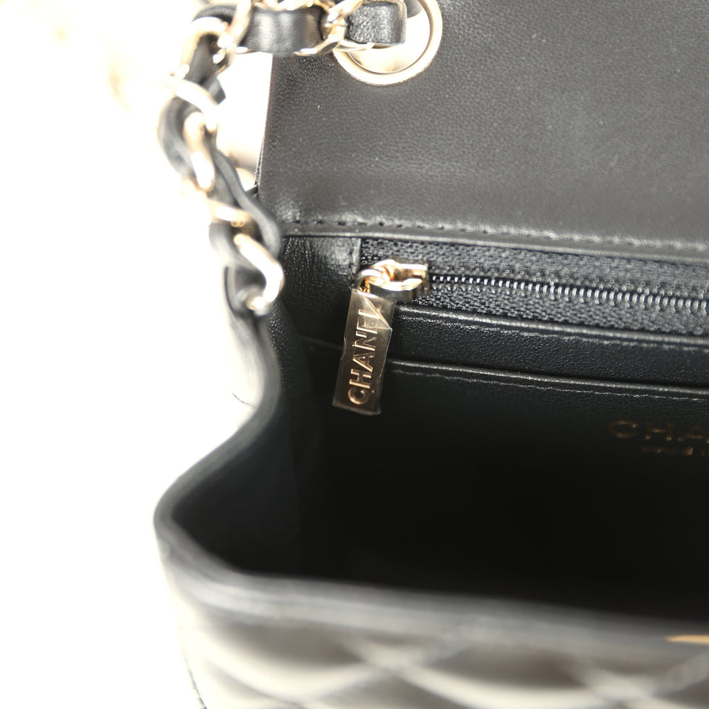 Mini Classic Square Flap Bag Black Lambskin Light Gold Hardware