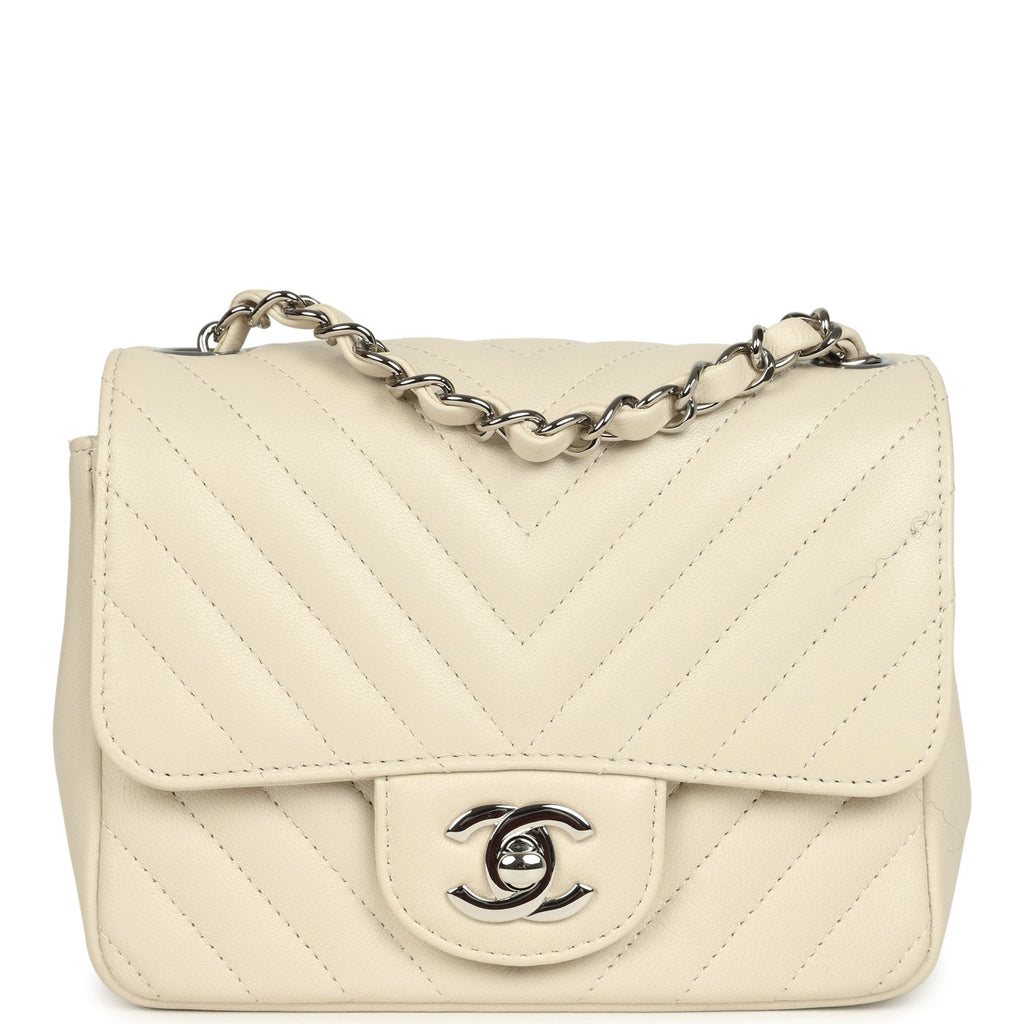 Mini Chevron Square Flap Bag Ivory Lambskin Silver Hardware