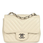 Mini Chevron Square Flap Bag Ivory Lambskin Silver Hardware