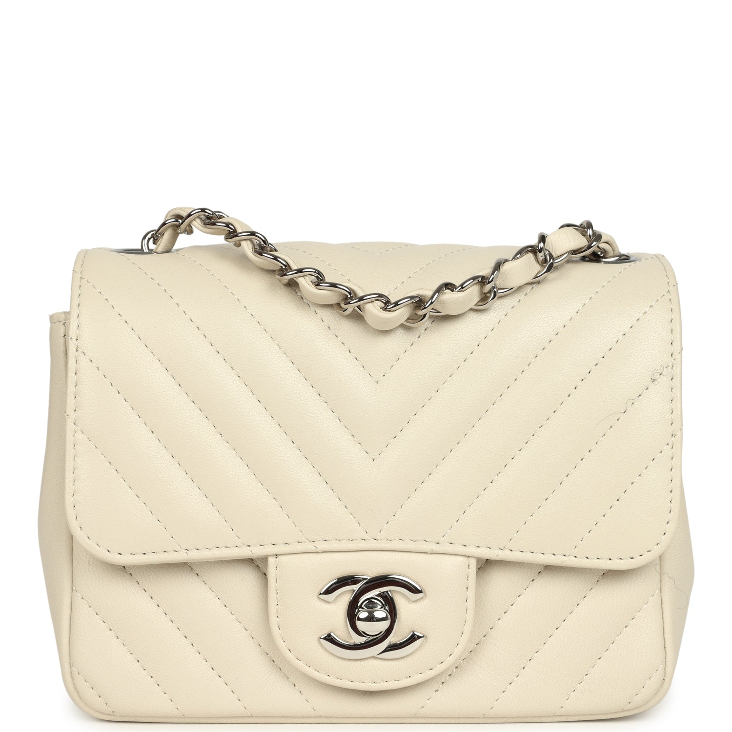 Mini Chevron Square Flap Bag Ivory Lambskin Silver Hardware