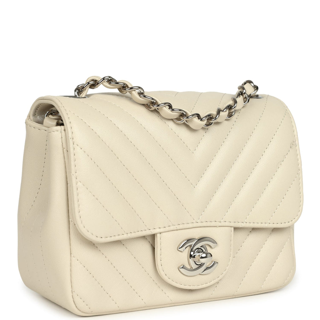 Mini Chevron Square Flap Bag Ivory Lambskin Silver Hardware