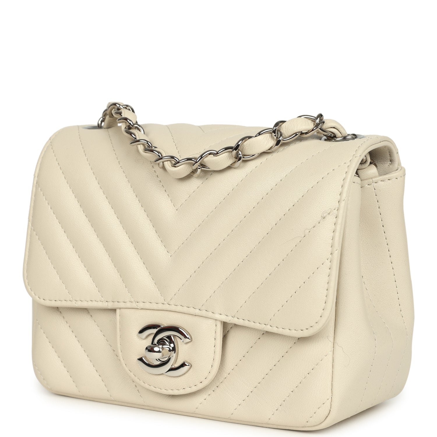 Pre-owned Mini Chevron Square Flap Bag Ivory Lambskin Silver Hardware