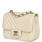 Mini Chevron Square Flap Bag Ivory Lambskin Silver Hardware