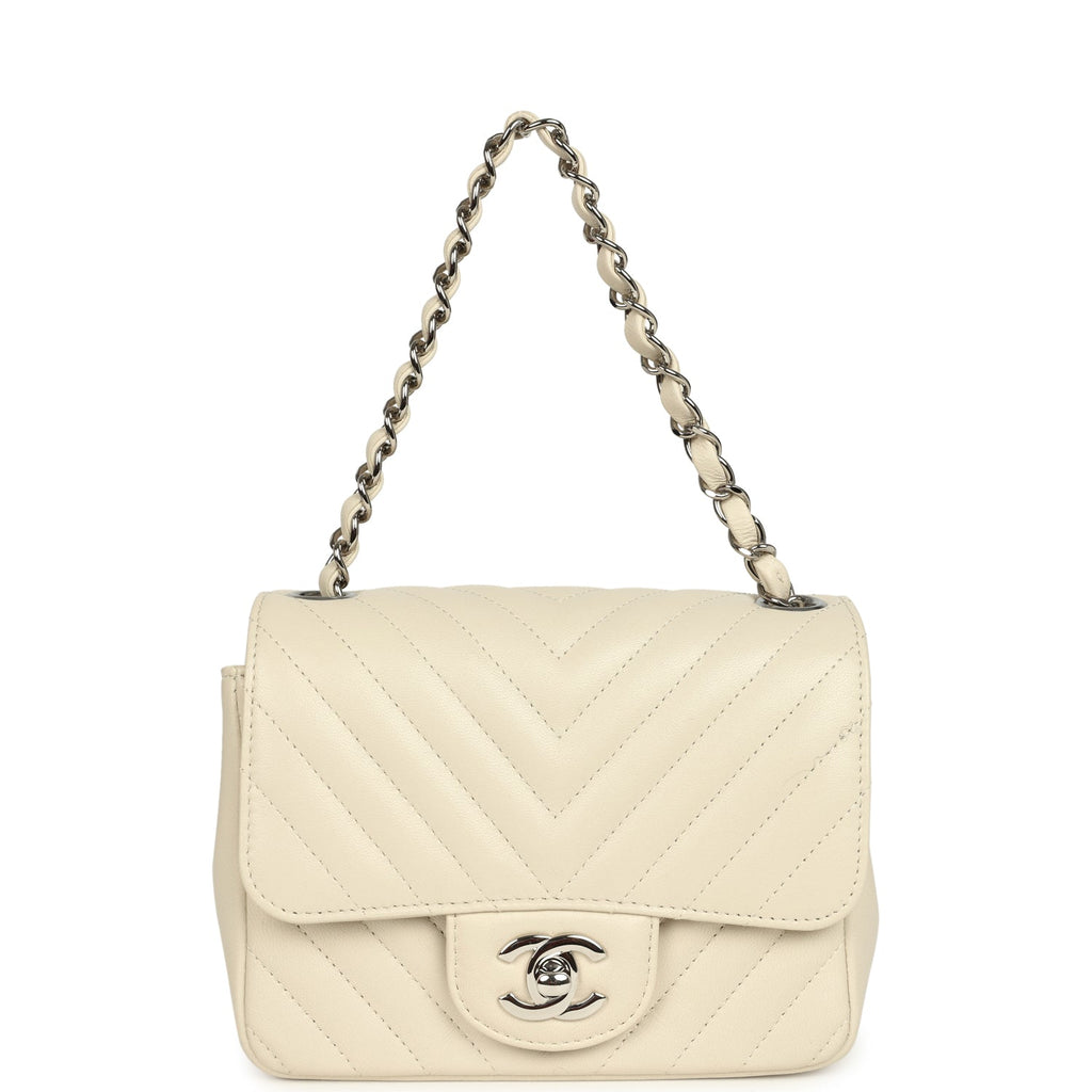 Pre-owned Mini Chevron Square Flap Bag Ivory Lambskin Silver Hardware