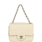 Mini Chevron Square Flap Bag Ivory Lambskin Silver Hardware
