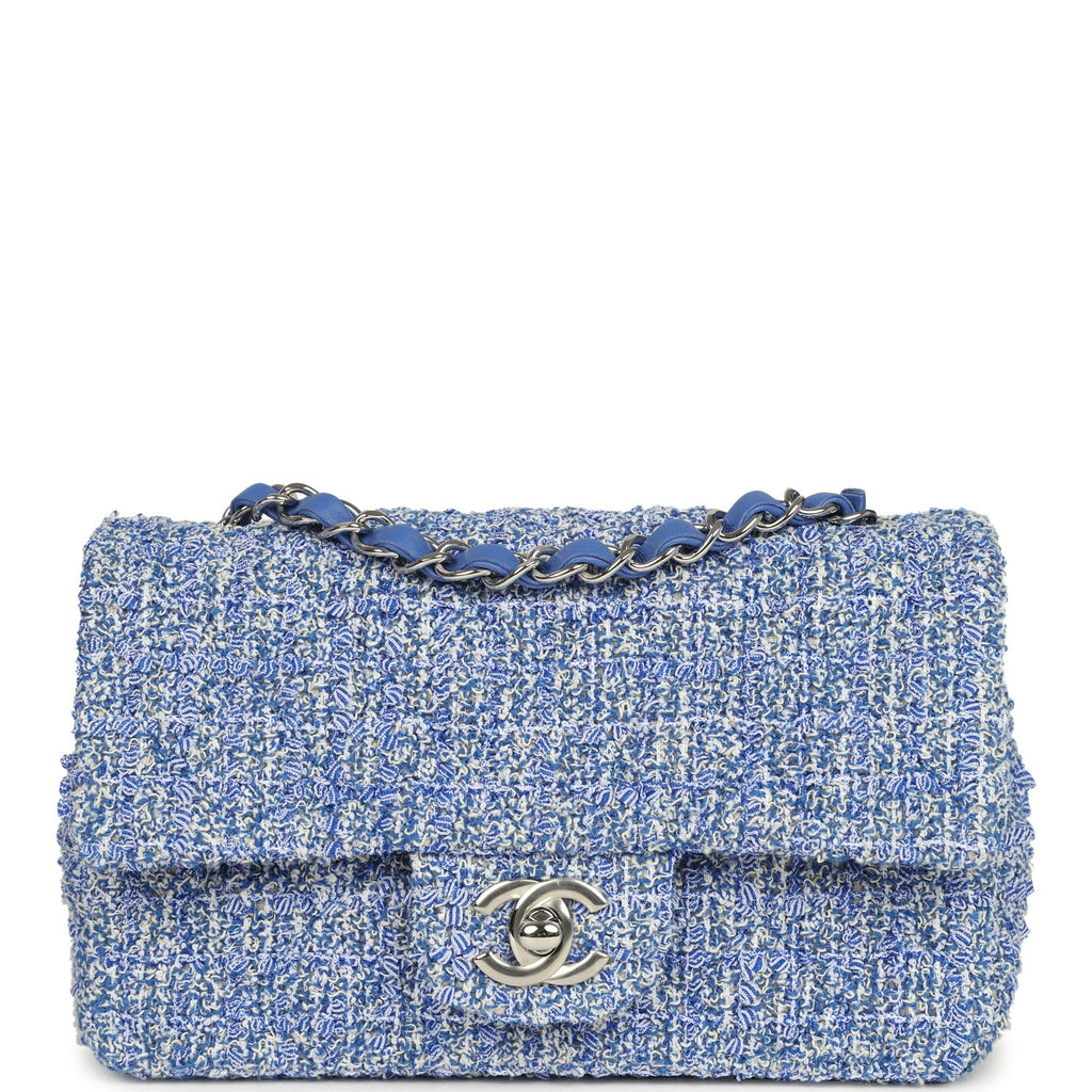 Mini Rectangular Flap Bag Blue and White Tweed Silver Hardware