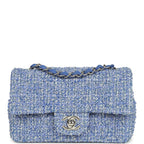 Mini Rectangular Flap Bag Blue and White Tweed Silver Hardware
